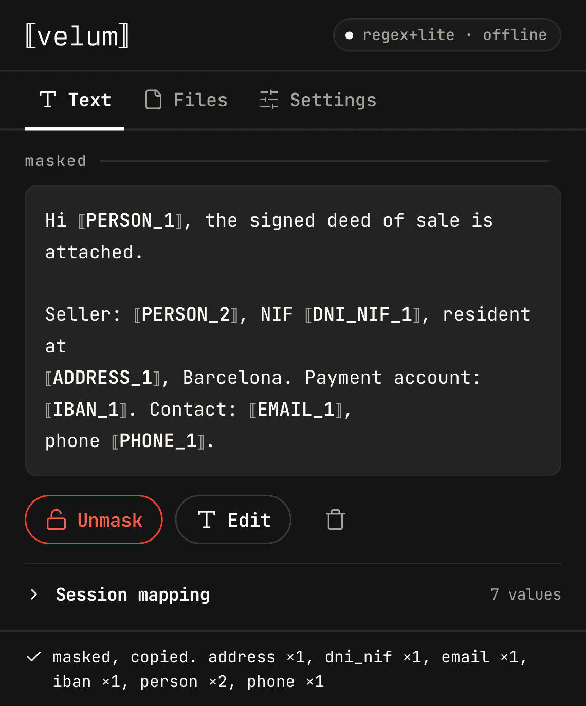 The Velum Lite popup beside the chat, showing a passage masked into tokens such as ⟦PERSON_1⟧ and ⟦DNI_NIF_1⟧, with an Unmask control and a status line counting what was replaced.