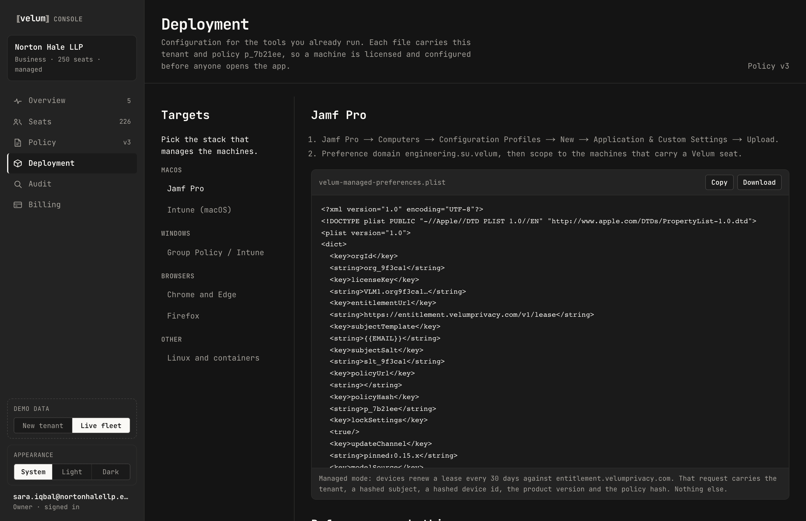 The Velum console deployment screen generating a Jamf Pro configuration profile containing the tenant, the entitlement endpoint and the signed policy hash.