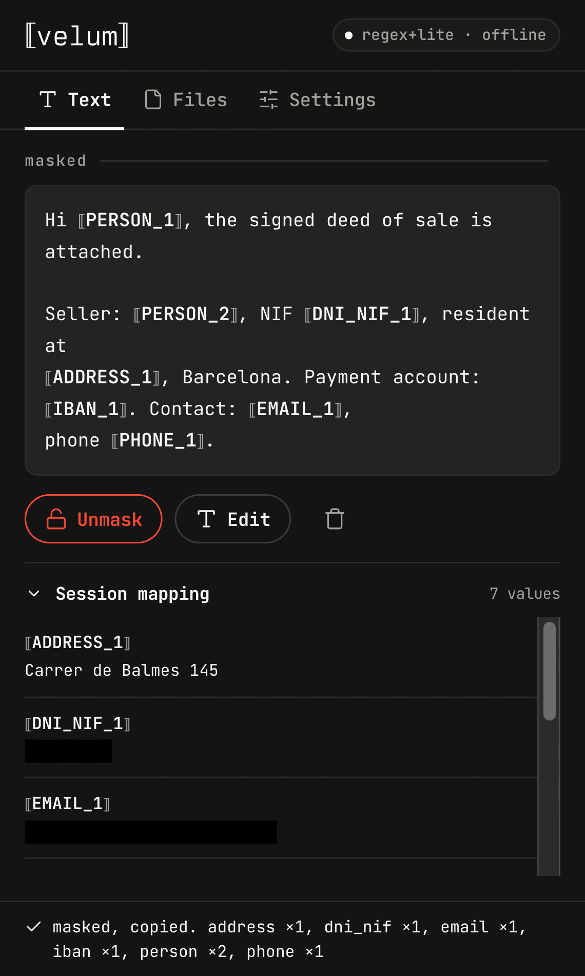 The Velum Lite browser popup showing masked text with tokens such as ⟦PERSON_1⟧, ⟦DNI_NIF_1⟧ and ⟦IBAN_1⟧, an Unmask button, and an open session mapping listing seven values with the original address readable.