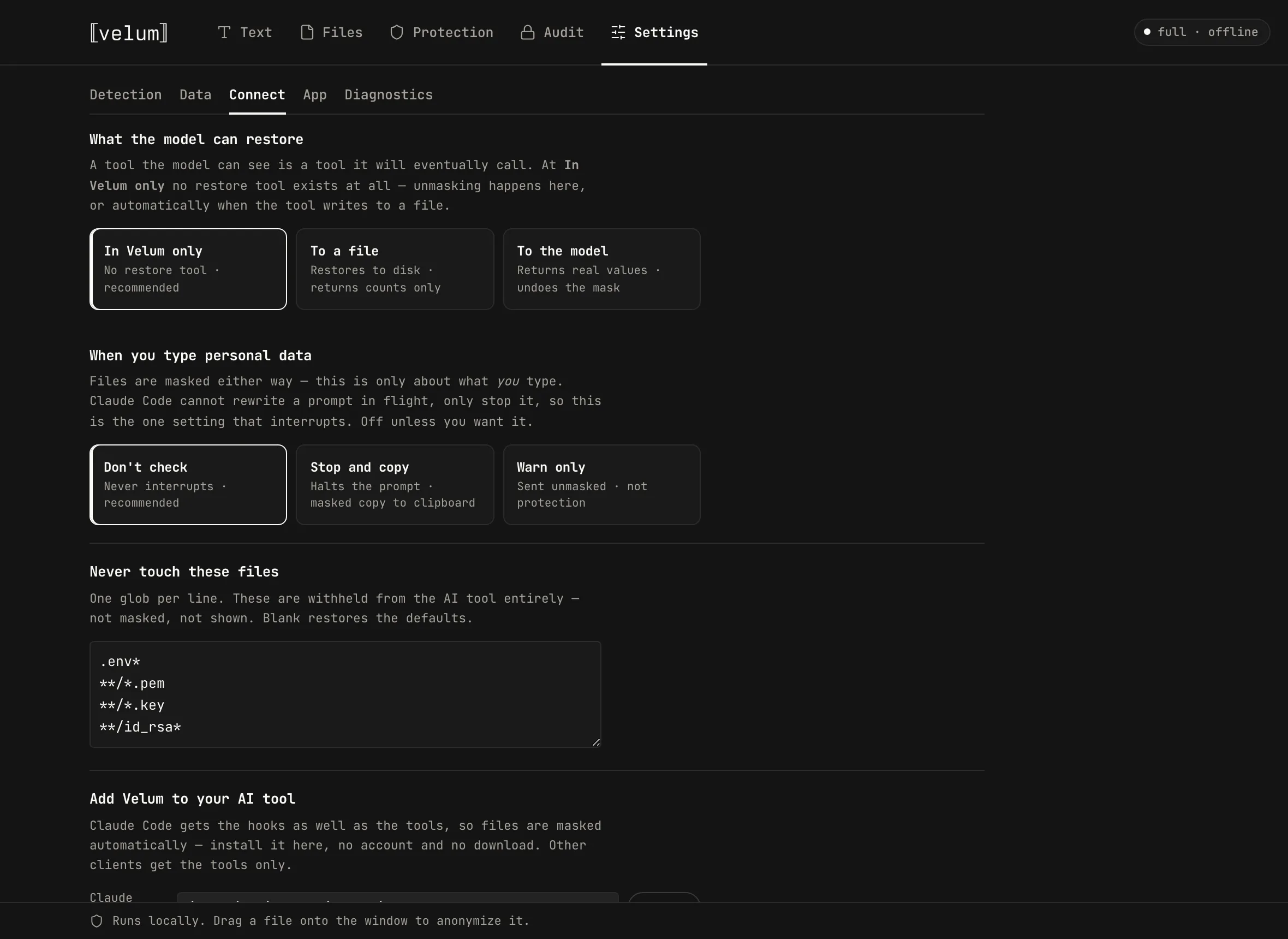 The AI coding tools panel in Velum Settings