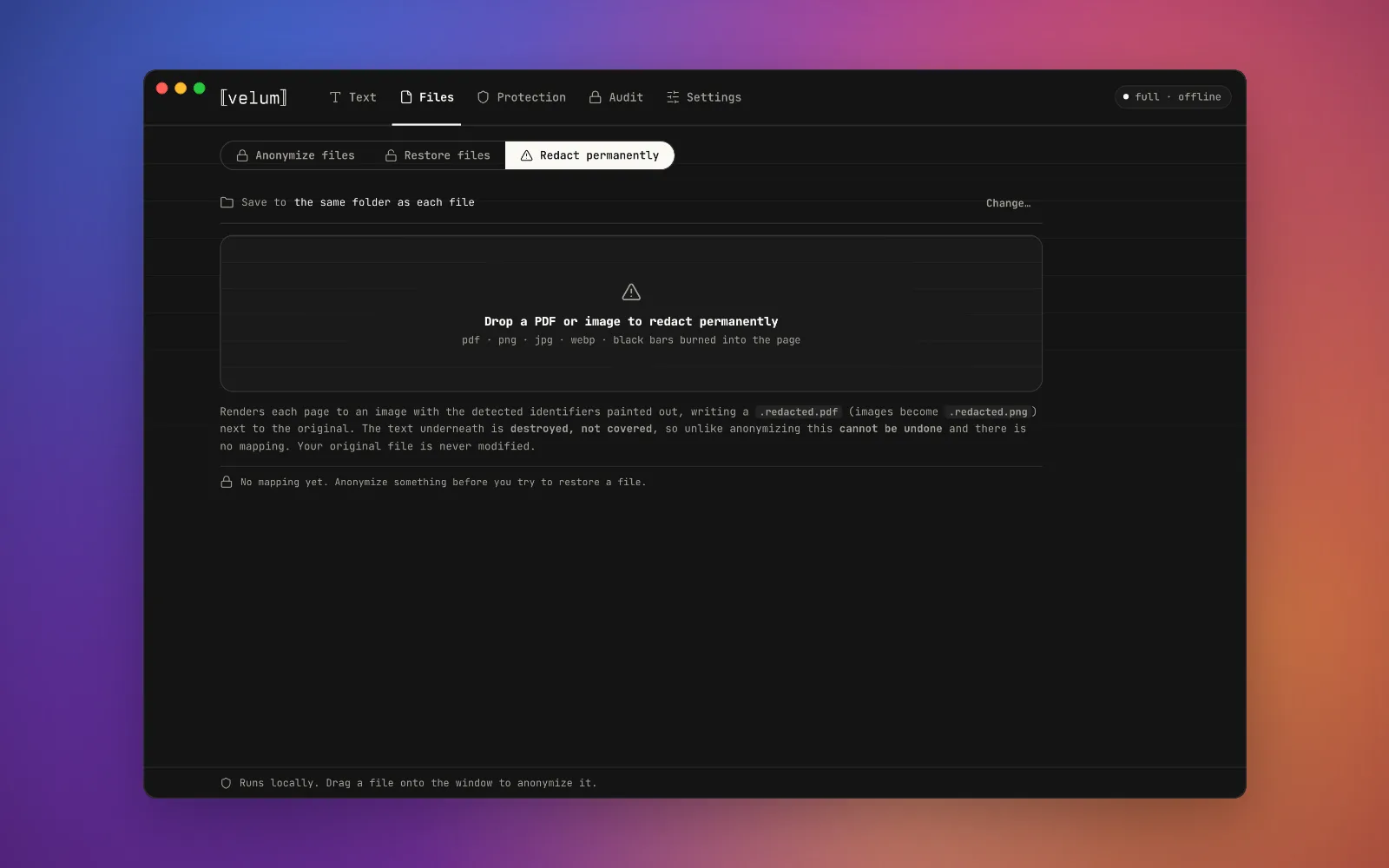 The Velum desktop app with Redact permanently selected on the Files tab