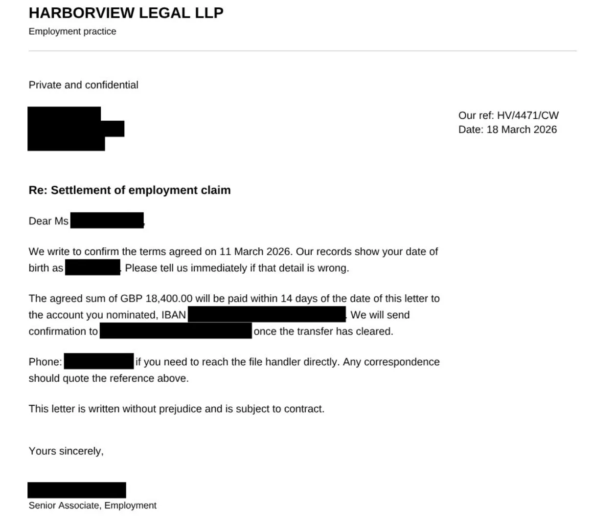 A redacted letter with the name, address, date of birth, IBAN, email and phone covered